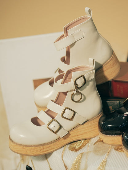 - Platforms Off-white Vintage Round Wood Sole 3 Straps Toe cm Wedge Grain Buckle 3–5