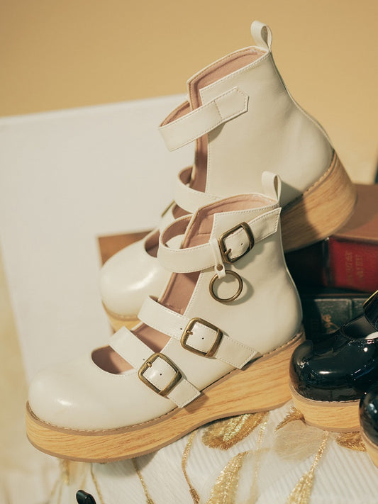 - Platforms Off-white Vintage Round Wood Sole 3 Straps Toe cm Wedge Grain Buckle 3–5