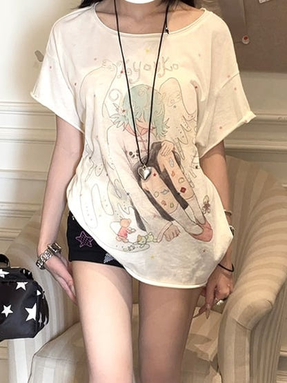 Cartoon Rundhals T-Shirt Engel Print Aprikose