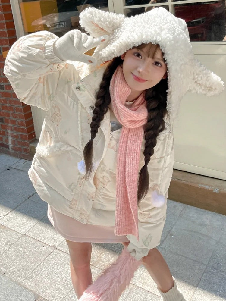 Cute Lamb Print White Hooded Down Jacket Short/Long Version