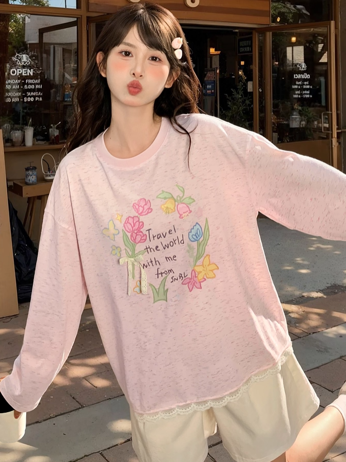 Round Sweet Floral Print Lace Trim Biege/Pink Neck Top