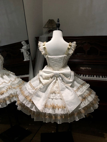 Bead Lolita Decorated White Dress Bows Chain Tiered Skirt Princess