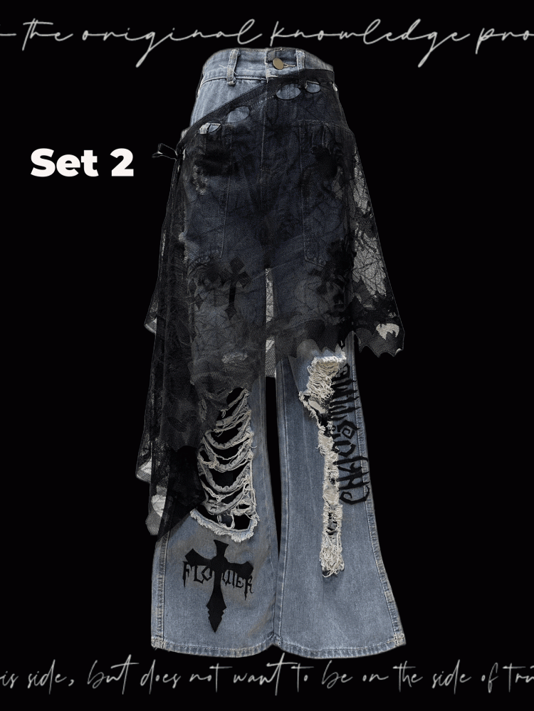 Jeans Wash Glamorous Flared Faded Blue Distressed Holes Cross Appliques