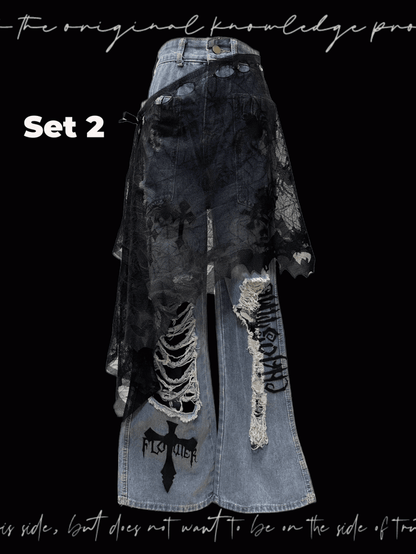 Jeans Wash Glamorous Flared Faded Blue Distressed Holes Cross Appliques