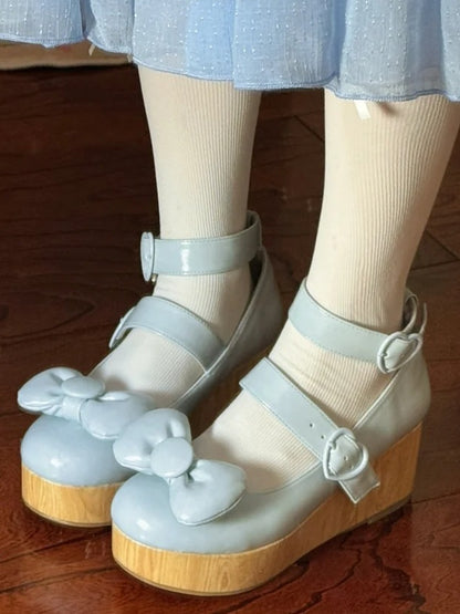 Heart Shoes Sweet Blue Buckles Top at - Bow Lolita Platform Baby