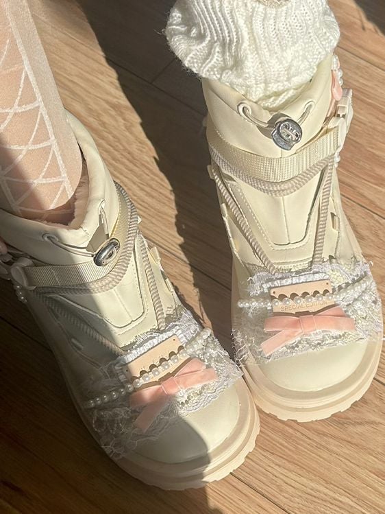 Beige Bow at Top Lace Beaded Chain Ankle Boots