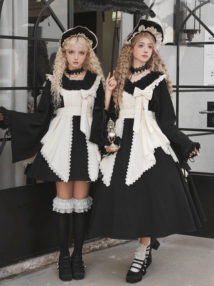 Dress Version Set Ruffle Neckline Short Lolita Long Full Maid Square Wa Black Sleeves