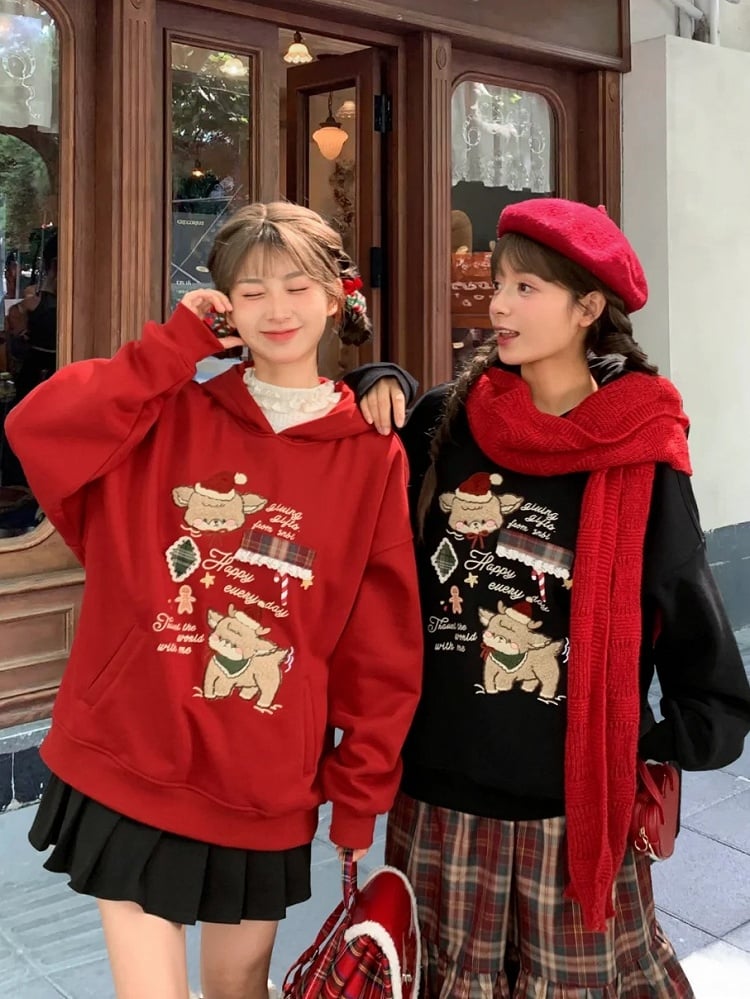 Black Cute Reindeer Appliques Thick Hoodie