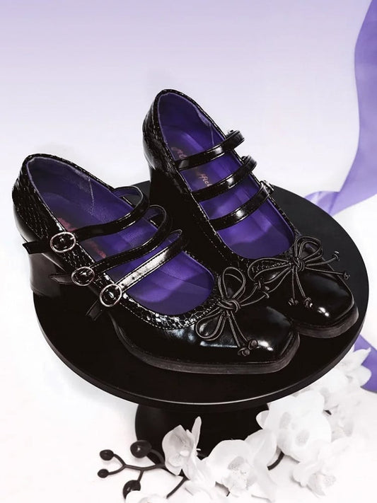 Square Accent Toe Gothic - 6.5cm Heels Bow PU Black Lolita Block Knotted