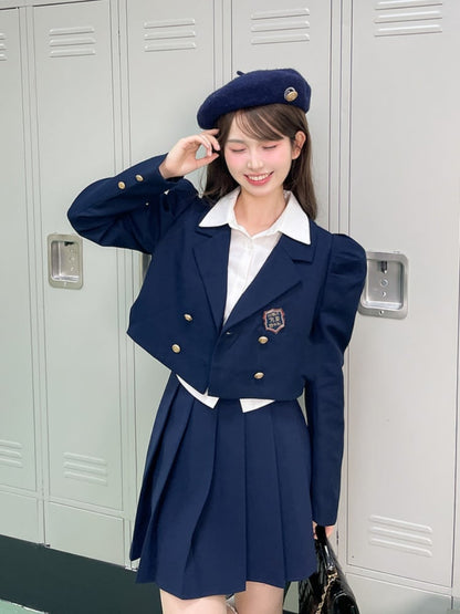 Navy Blue Notched Collar Gold-tone Buttons JK Cropped Blazer