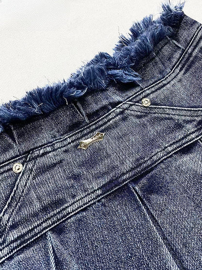 Y2K Vintage Dark Blue Distress Trim Denim Glamorous Skirt+Buckle Strap Plush Trim Leg Warmers