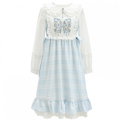 Robe Mori Kei brodée de papillons à carreaux bleus et blancs, style Alice au pays des merveilles