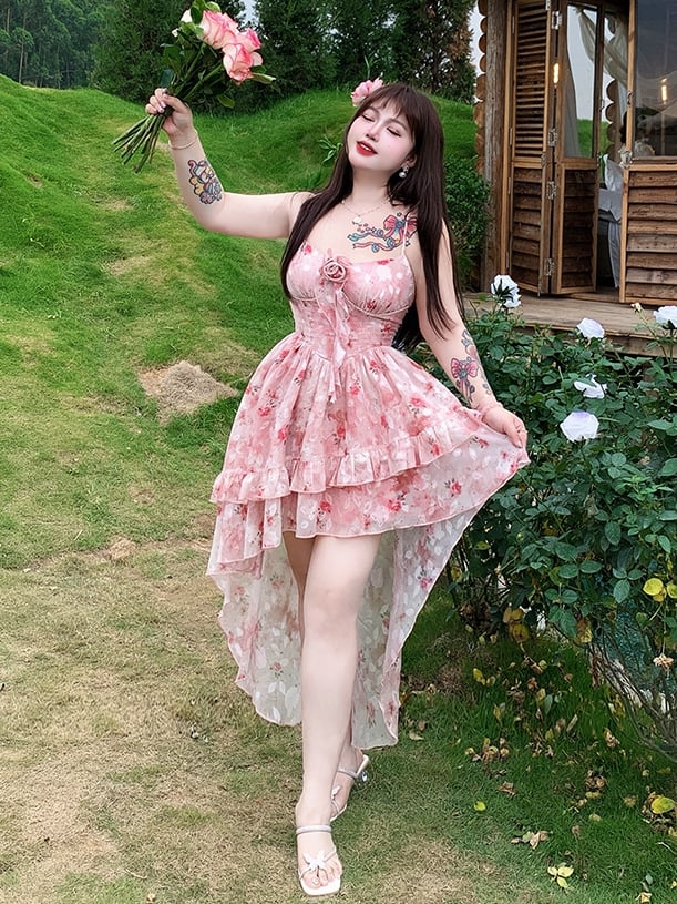 Skirt High-low Rosette Print Cami Pink Ruffle Plus Size Basque Waist Cascading Dress
