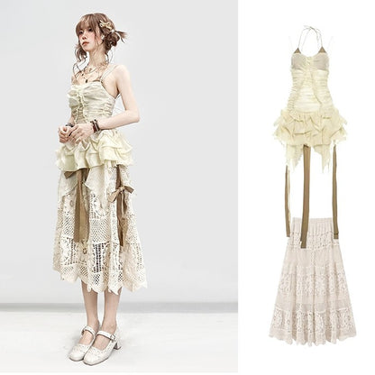 Cami Set- Self-tie Glamorous Trim Dress Ruffle Skirt + Straps Beige