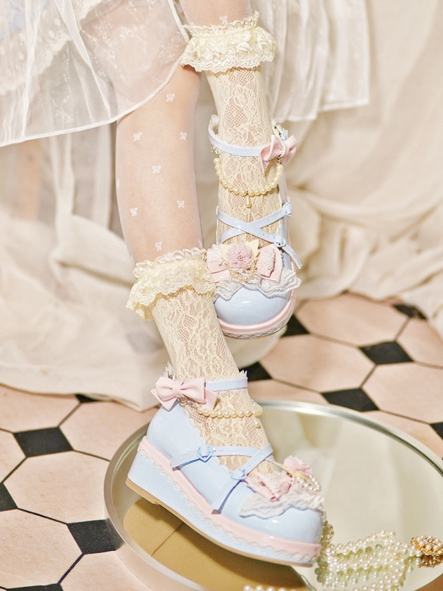 Blue Design With Lace Beaded Top Heart Platforms Detachable Buckle Chain at Trim Floral Bow