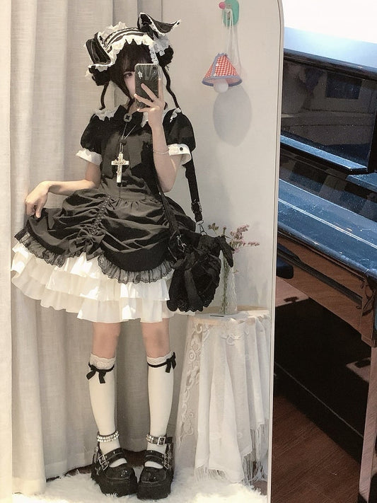 und asymmetrisches Kleid Schwarz Lolita Peter Pan Weißer Rock Stufen Gothic Ärmel Kragen Kurz