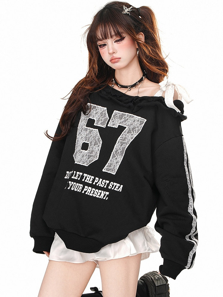Black/Grey Lace Appliques Asymmetrical Neckline Sweatshirt