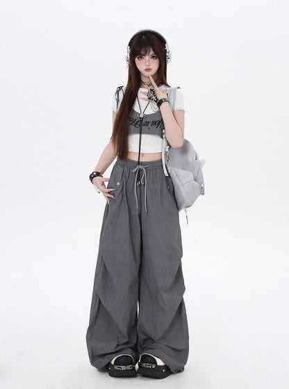 Asymmetrical Accessory Punk Waist Drawstring Waist Wasteland Gray Pants with