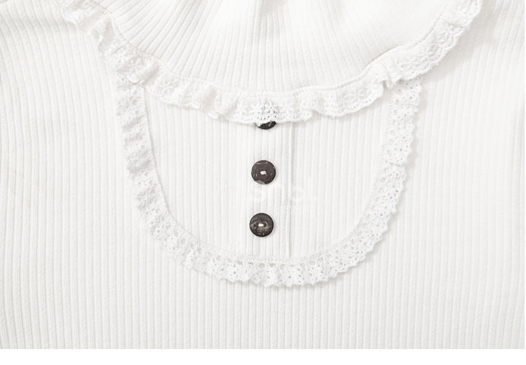 White High Neck Lace Trim Long Sleeves Top