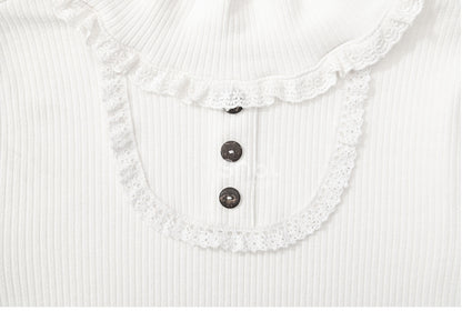 White High Neck Lace Trim Long Sleeves Top