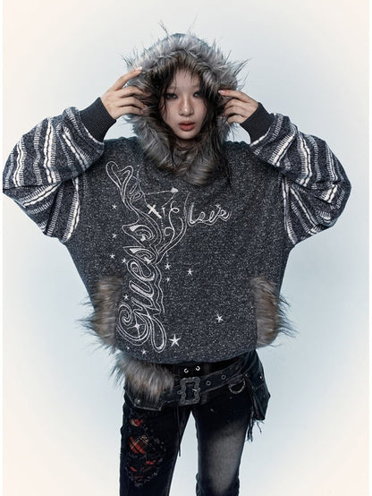 Black&White Plush Trim Striped Sleeves Hoodie
