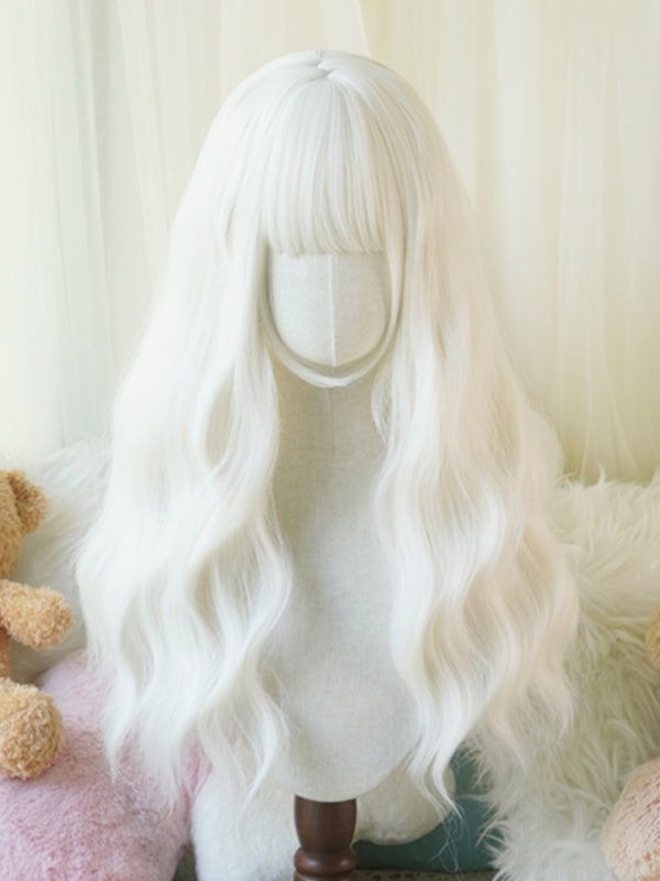 Black/White/Light Blonde/Blonde/Caramel/Grey Long Wavy Wig With Full Bangs