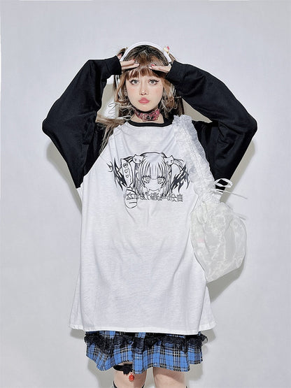Black&White Round Neck Cartoon Top