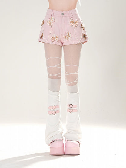 Dark Gray/White/Pink Bowknots Embellished Shorts with Beaded Chains