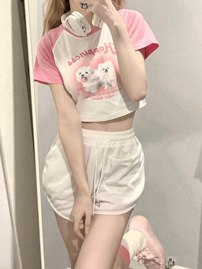 Black Pink Cute Puppy Print Cropped Top