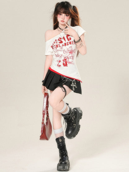 Letter Asymmetrical Neckline T-shirt Glamorous Print White/Gary