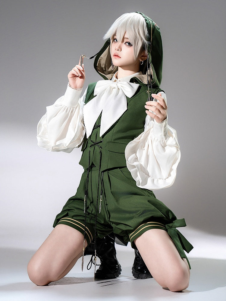 Prince Bunny Charm Silver Ouji Strings Hooded Ears Feather with Oversized Lolita Green Waistcoat