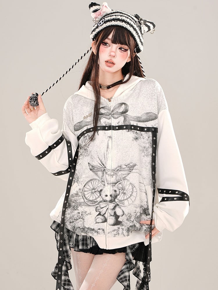 White Bear Ears Hood Strap Graphic Zip Hoodie