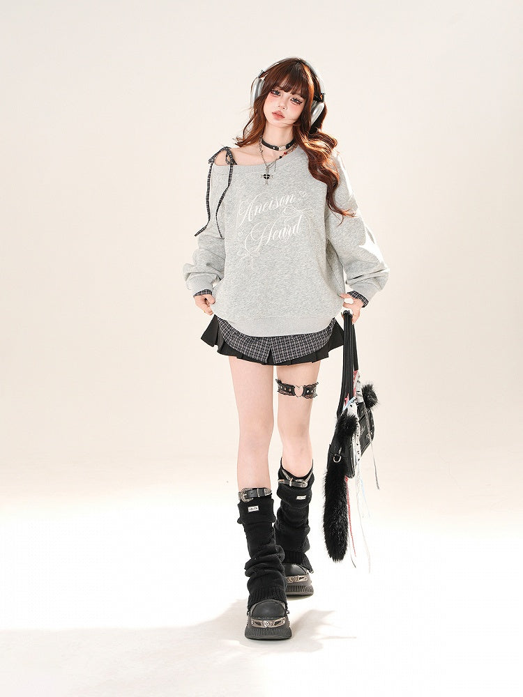 Sweatshirt zum Binden, asymmetrischer Ausschnitt, karierter Saum, schwarz/grauer Schultergurt