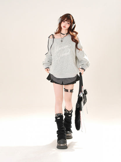 Sweatshirt zum Binden, asymmetrischer Ausschnitt, karierter Saum, schwarz/grauer Schultergurt