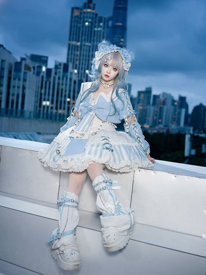 Kitty Light Bow Kaiwai Set Blue JSK Dress Cropped Tenshi Lolita Sailor Striped Big Top Pattern Ears + - Collar
