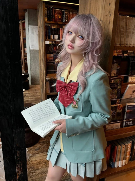 Green Notched Collar Preppy Mint JK Uniform Blazer