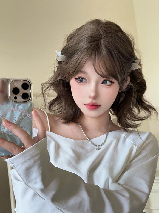 Wig Wavy 35CM With Brown Length Air Bangs