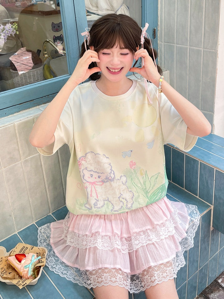 T-Shirt Light Green Round Neck Graffiti Lamb Print Loose