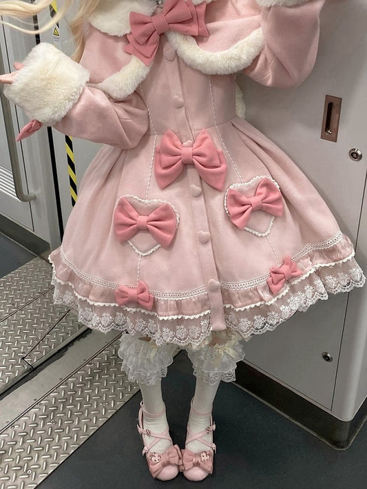 Light Pink Bow Accents Cape Lolita Coat with Lace Trim