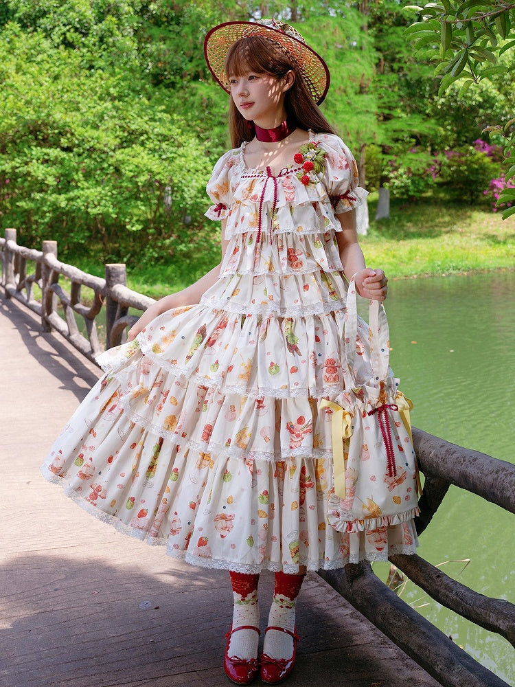 Short Parfait Fruit Top Sleeves Summer Print Cream