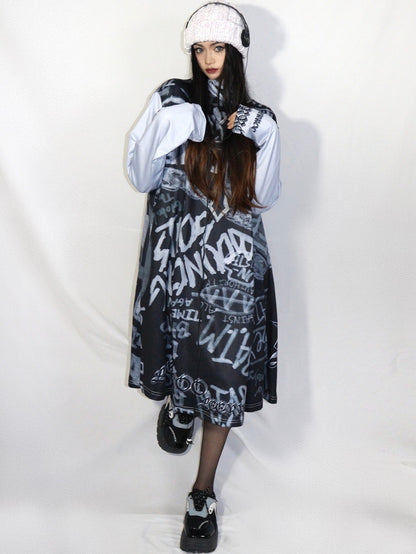 Fashion Print Gyaru Gray Letter Dress