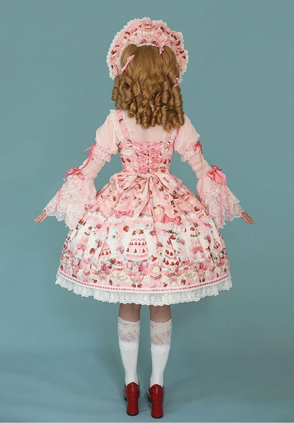 Full Print / Pink Set and JSK Lolita Desserts Sweet Strawberry Bow Accents