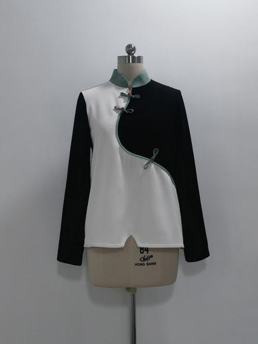 Black and White Ouji Fashion Long Sleeves Top Green Banded Collar and Knot Buttons