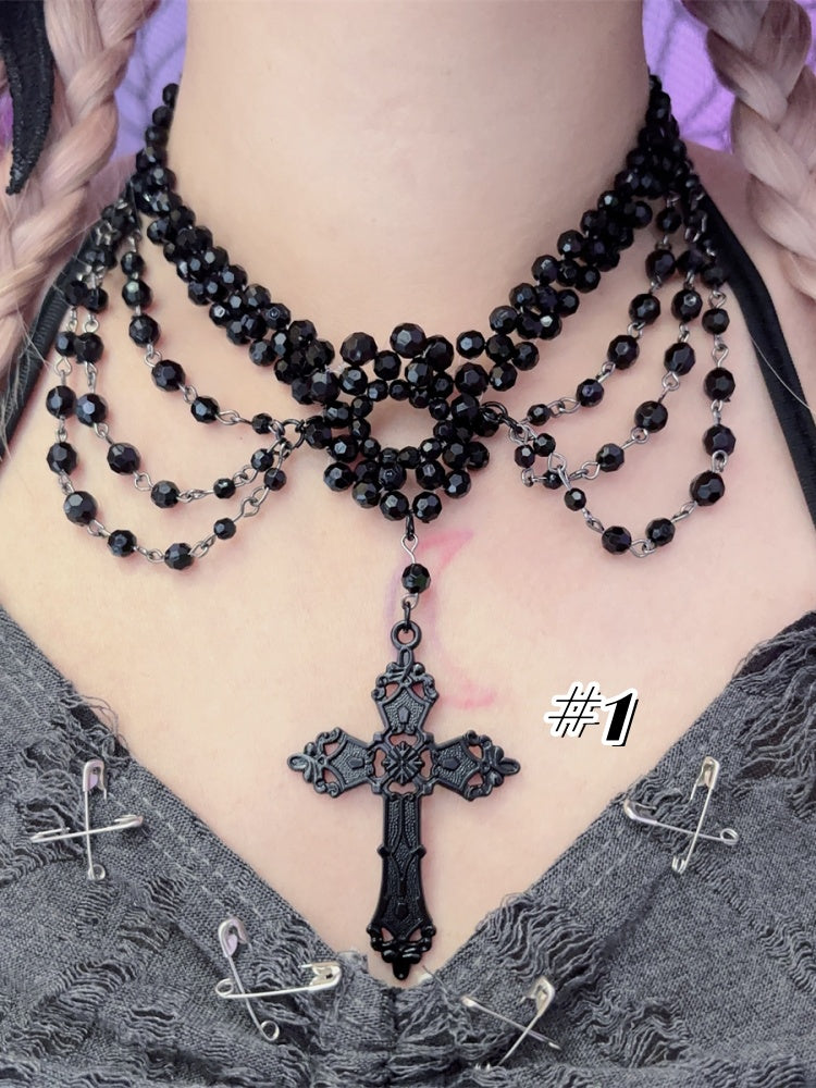 Black Punk Cross Pendant Beaded Necklace