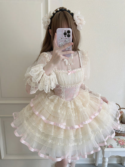 Waist Balletcore Print Bows Jumper Pink Skirt Basque Lolita
