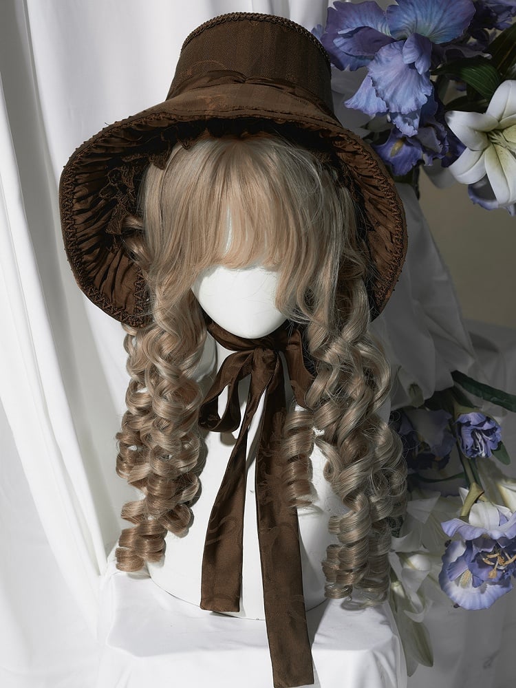 and Bonnet Bow with Trim Wide-Brimmed Lolita Lace Detail Black/Gray/Brown