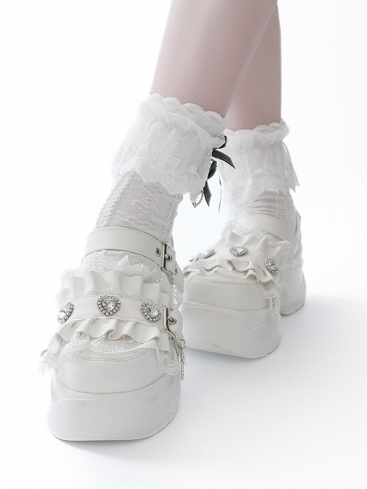 Platforms Heart Cross Rhinestone White Ruffles Charm Details Trim Bittersweet