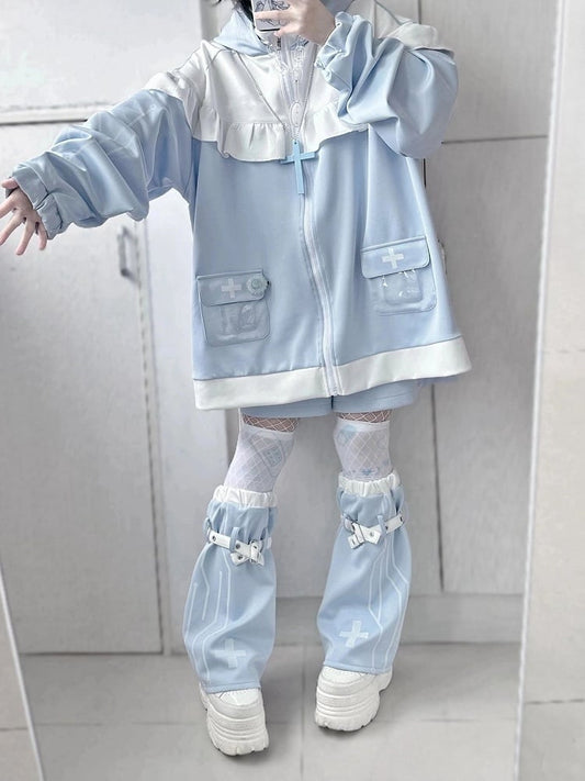 Tenshi Kaiwai Light Blue Yami Kawaii Cross Cat Ear Hoodie Shorts Set