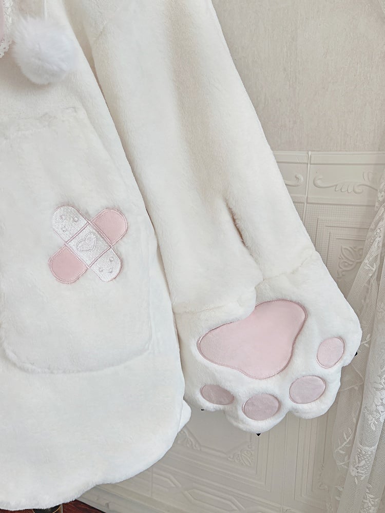 White and Pink Lolita Oversized Bunny Ears Hooded Plush Coat Leg Warmers