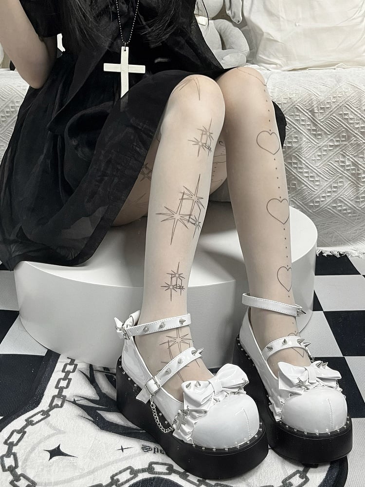 Y2K Polished White Stud Bowknot Buckle Strap Punk Platform Shoes